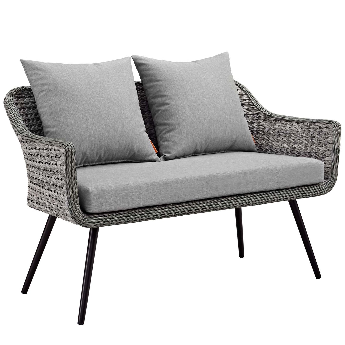 Gray woven rattan 3-piece outdoor patio set with a loveseat & two armchairs, all with matching gray cushions, curved arms & black metal legs.