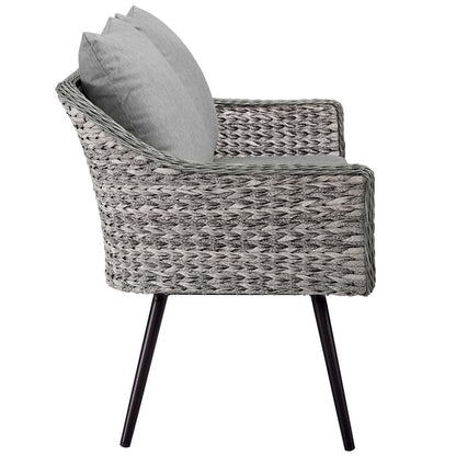 Gray woven rattan outdoor loveseat and armchair set with cushions and black metal legs.