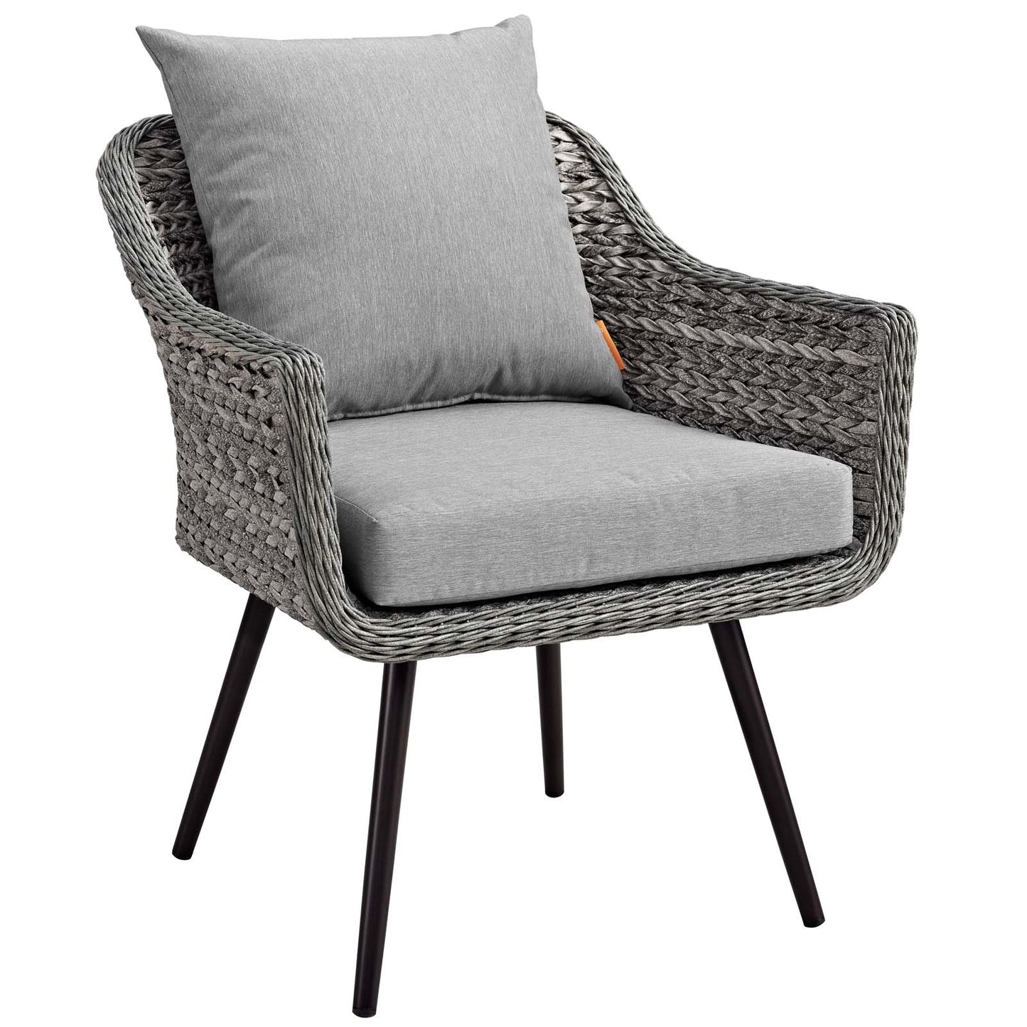 Gray woven rattan outdoor furniture set with a loveseat and two armchairs, featuring cushioned seats and backs and black tapered legs.