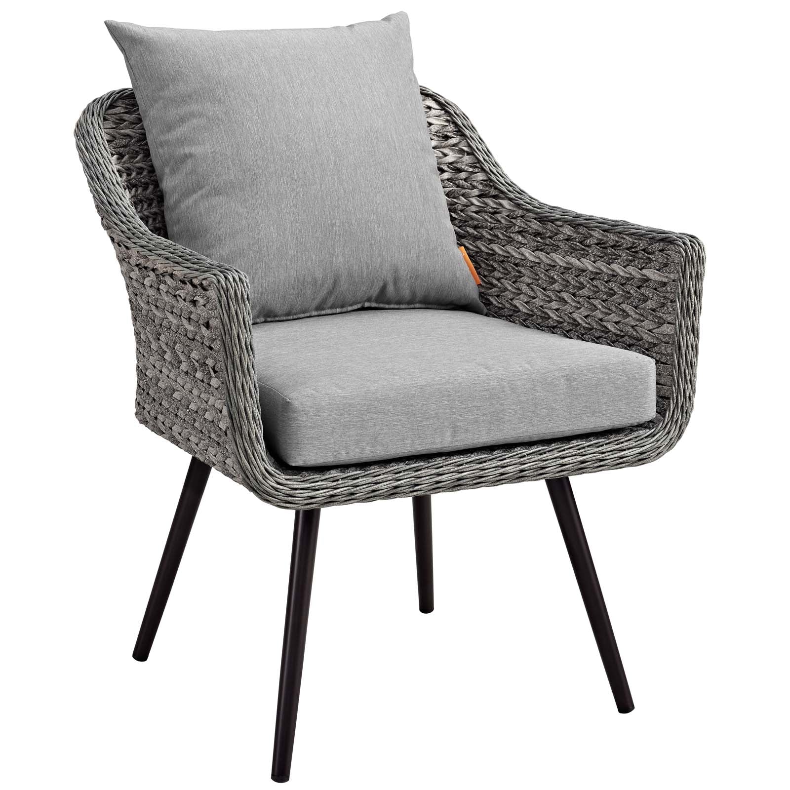 Gray woven rattan outdoor furniture set with a loveseat and two armchairs, featuring cushioned seats and backs and black tapered legs.