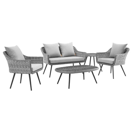 Modway Outlet Endeavor 5 Piece Outdoor Patio Wicker Rattan Loveseat Armchair Coffee + Side Table Set by Modway  Outdoor Furniture Furniture Gray Gray - EEI-3178-GRY-GRY-SET