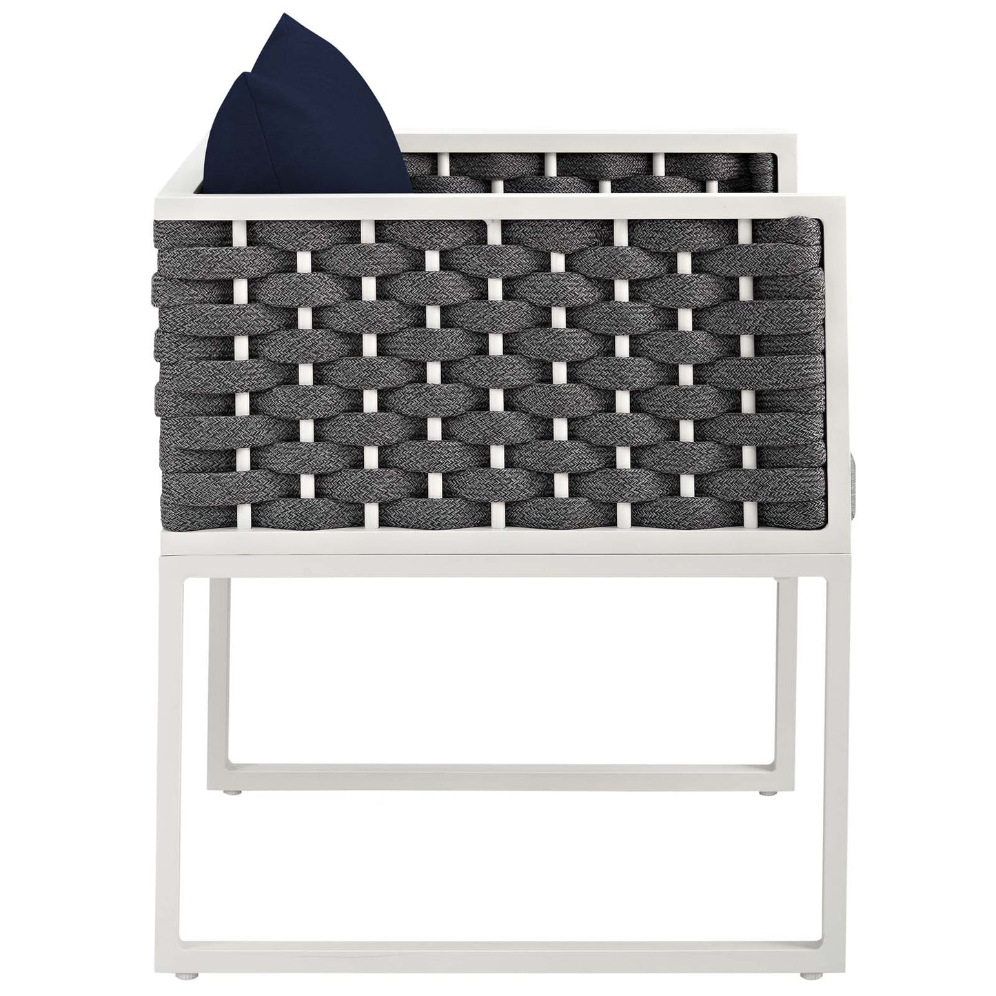 White powder-coated metal dining set with dark gray woven chairs and navy cushions; 7-piece outdoor patio set.