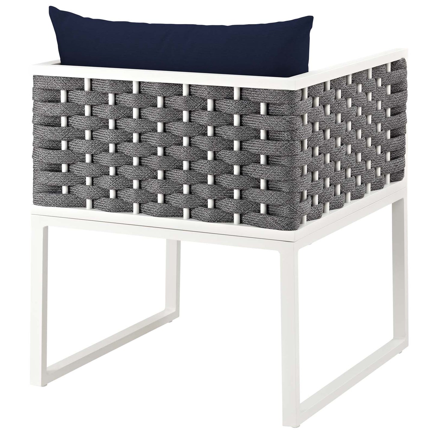 White aluminum outdoor dining set with navy cushions