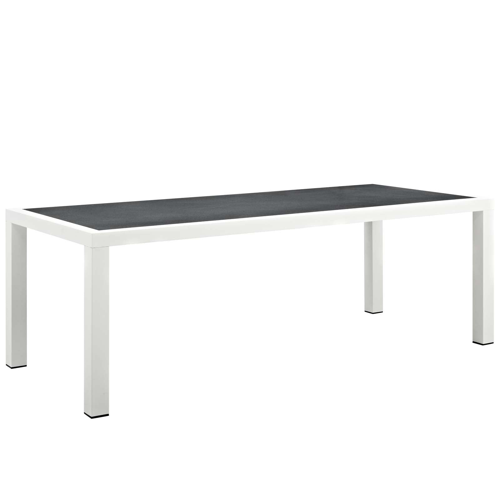 Outdoor patio aluminum dining set in white and navy; rectangular table with matching chairs (7-piece).