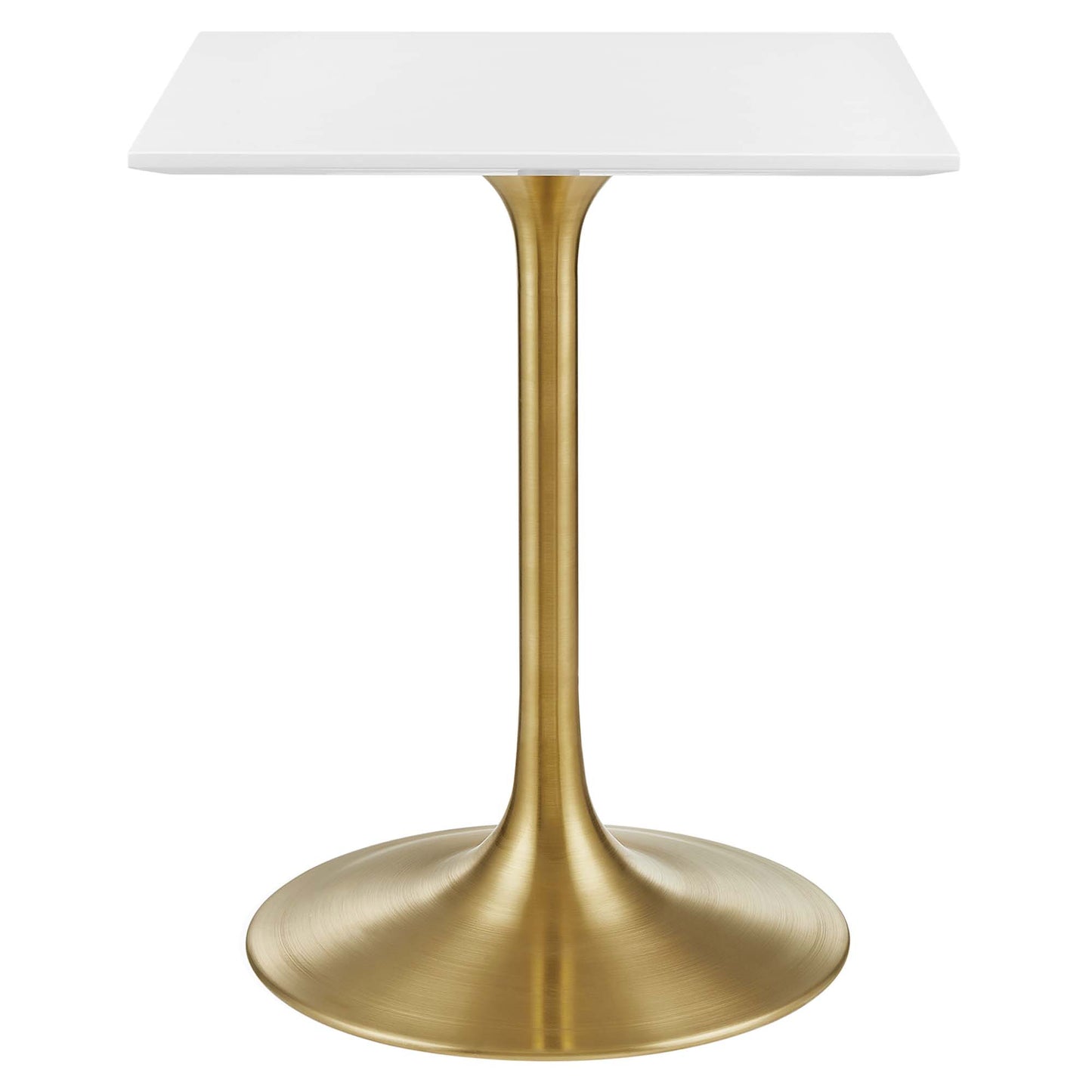 Gold-toned pedestal table with white square top and wide circular base.