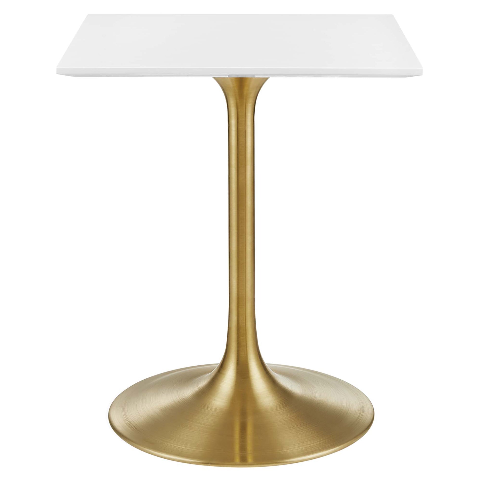 Gold-toned pedestal table with white square top and wide circular base.