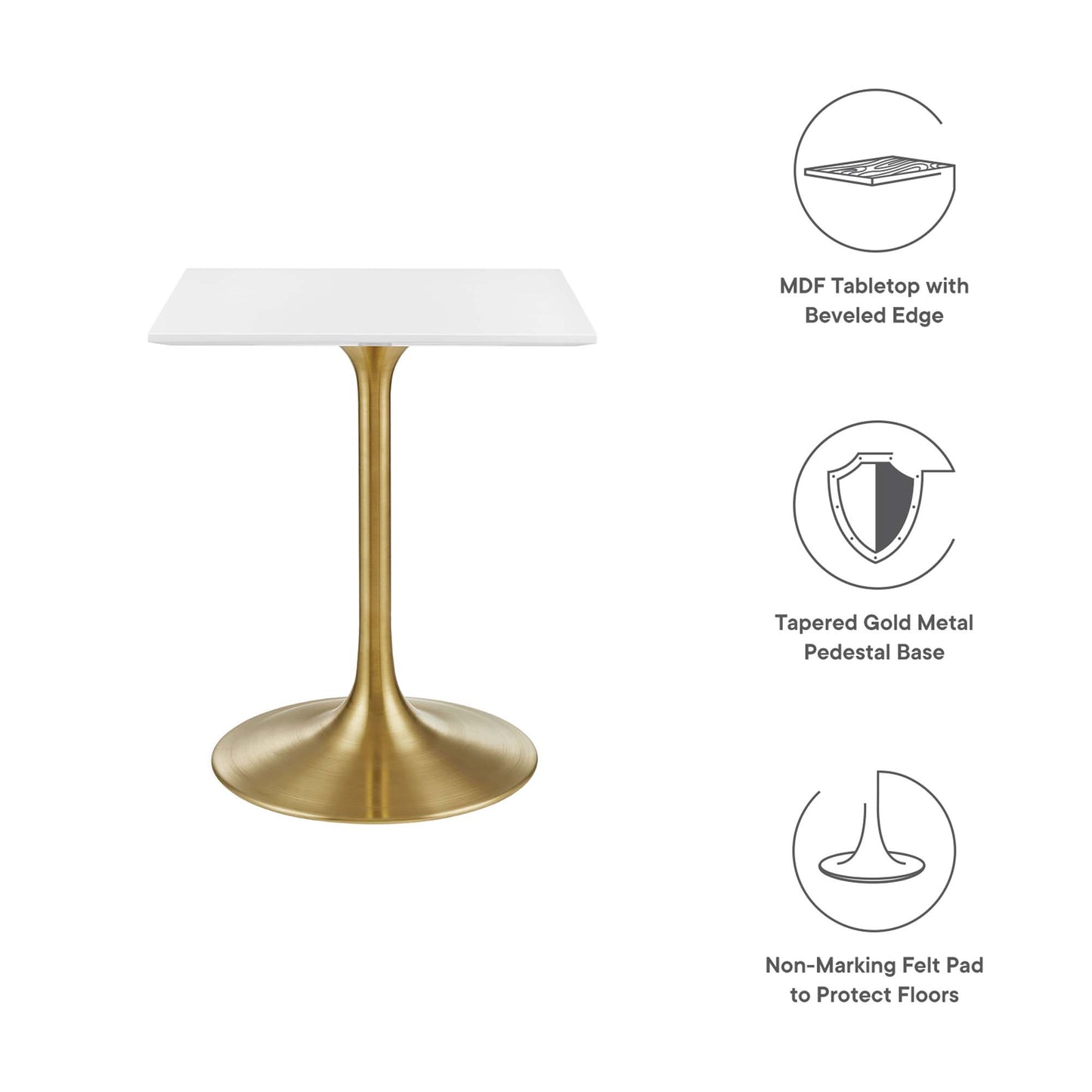 Gold-toned pedestal dining table with a white square wood top.