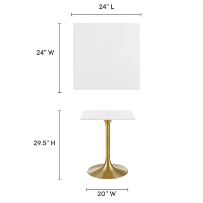 Gold-tone pedestal table with square white top; brass stem and round base, 29.5" high, 24" square top, 20" wide.
