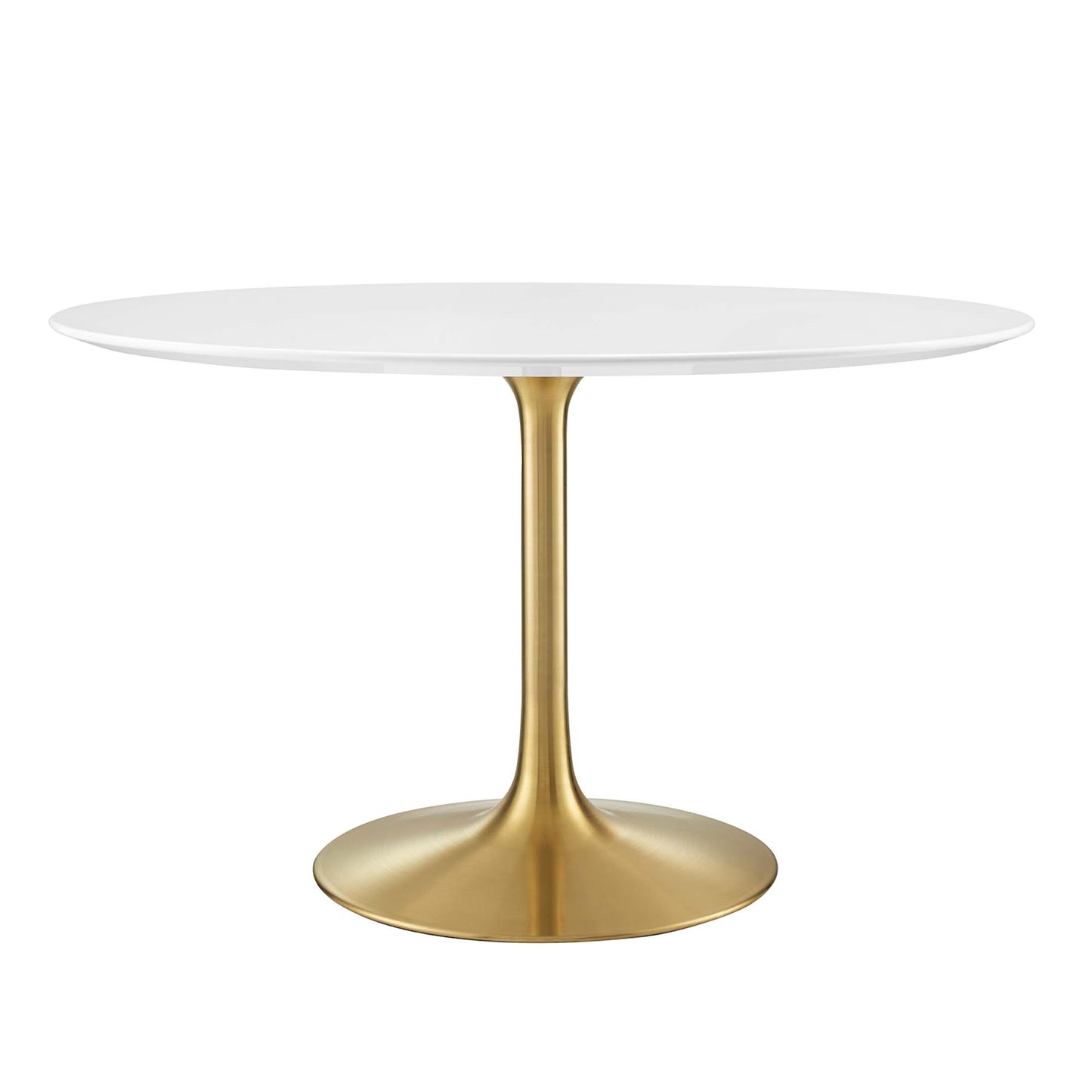 Round white tabletop with a gold-toned pedestal base; modern mid-century dining/accent table.