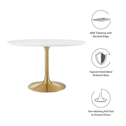 Round white wood dining tabletop with beveled edge on a tapered gold metal pedestal base.