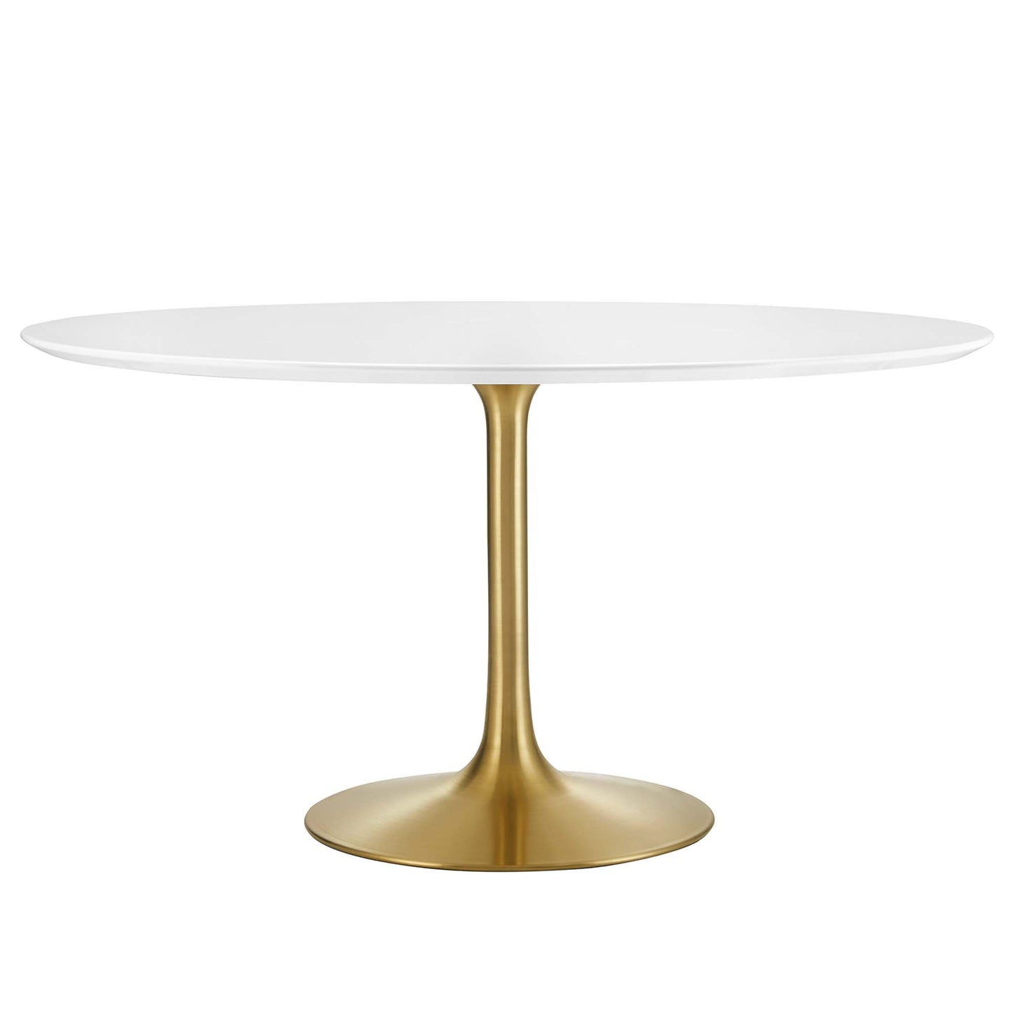 Round wood dining table with a white top on a gold metal pedestal base; sleek modern glam dining table.
