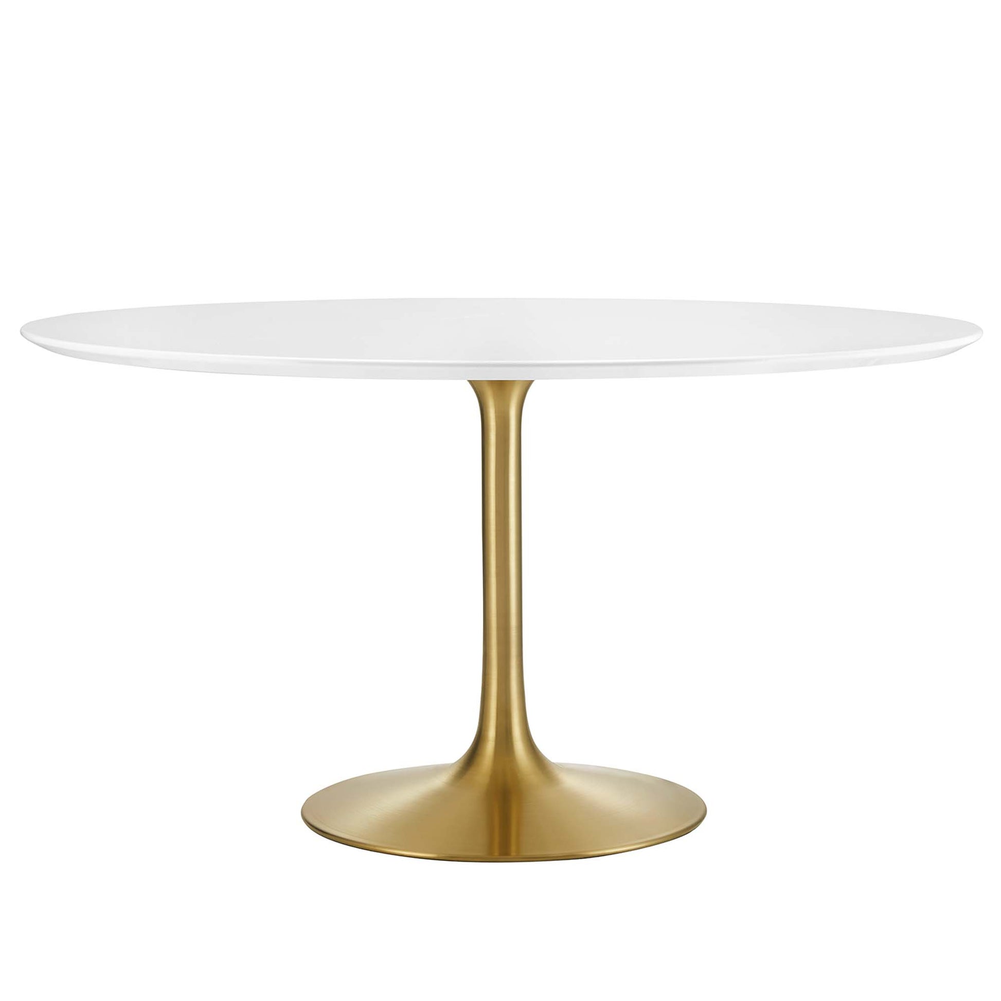 Round wood dining table with a white top on a gold metal pedestal base; sleek modern glam dining table.