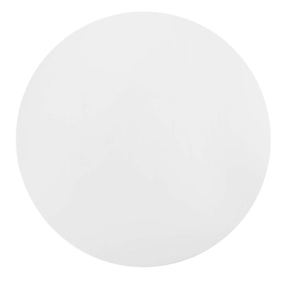 White round wood dining table, 54 inches in diameter, with a smooth matte finish.
