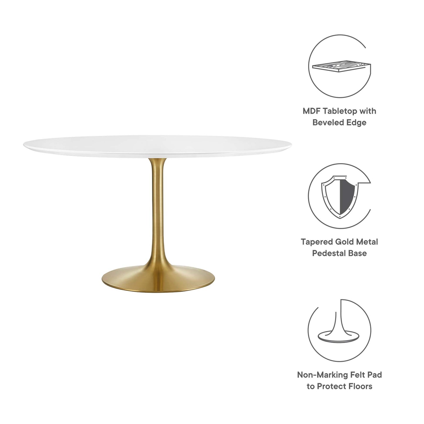 Round white wooden dining table with a beveled edge on a tapered gold pedestal base; includes non-marking felt pads.