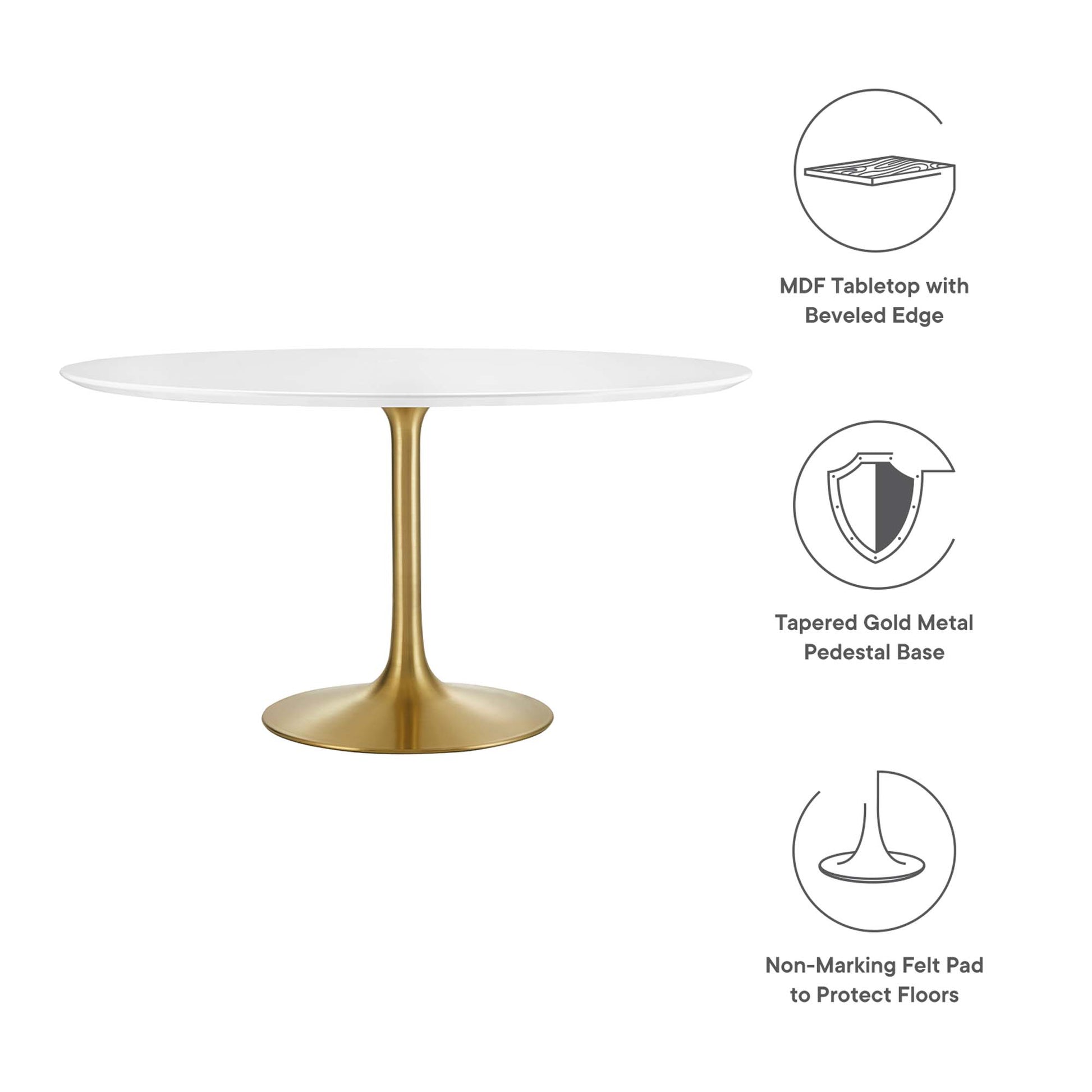 Round white wooden dining table with a beveled edge on a tapered gold pedestal base; includes non-marking felt pads.