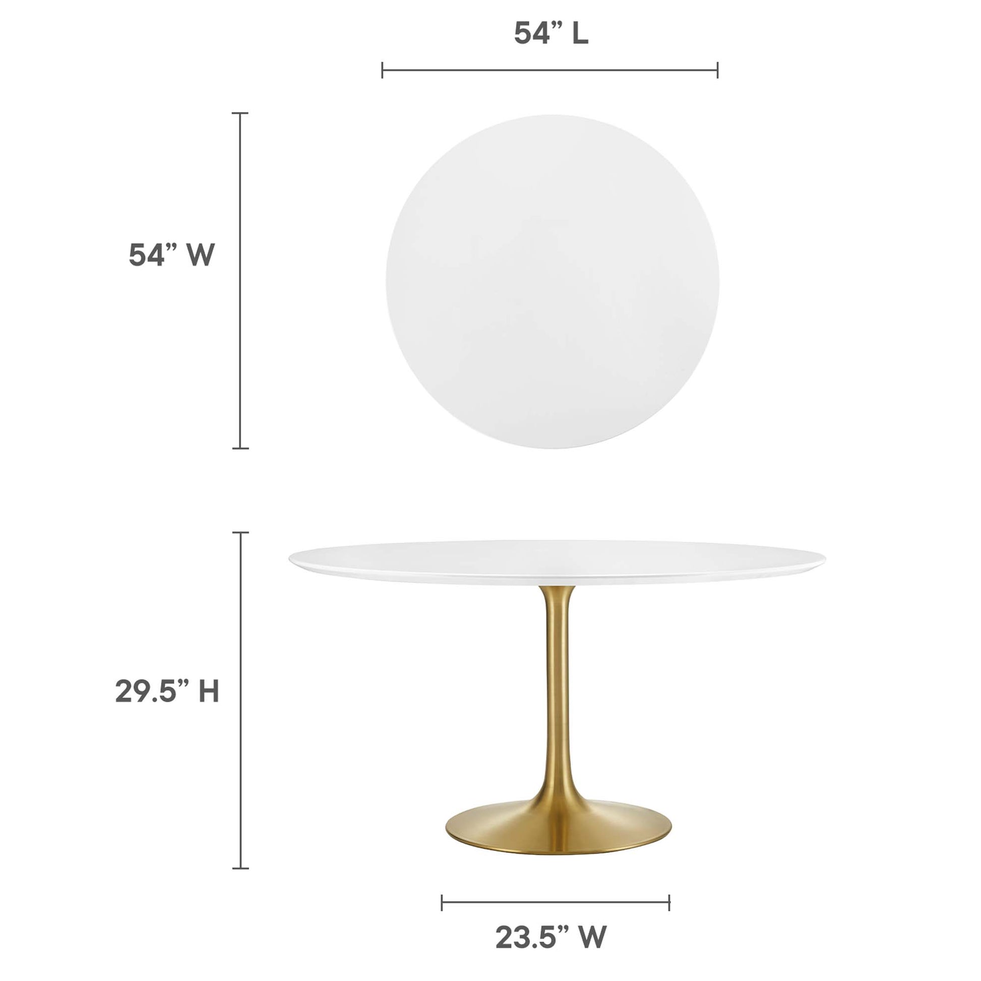 54" diameter white round tabletop on a gold metal pedestal base; modern dining table, 29.5" high.