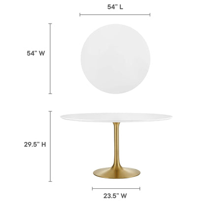 54" diameter white round tabletop on a gold metal pedestal base; modern dining table, 29.5" high.
