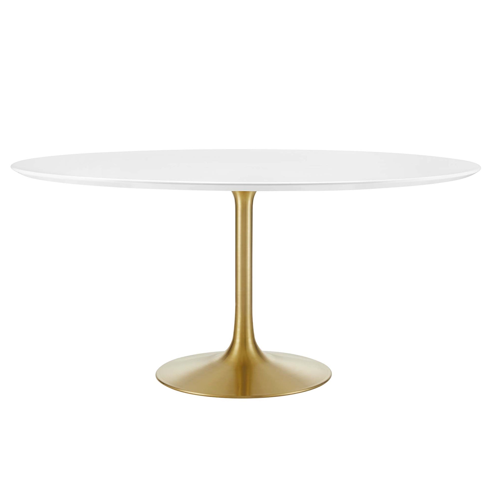 Round wood dining table with a metal pedestal base.