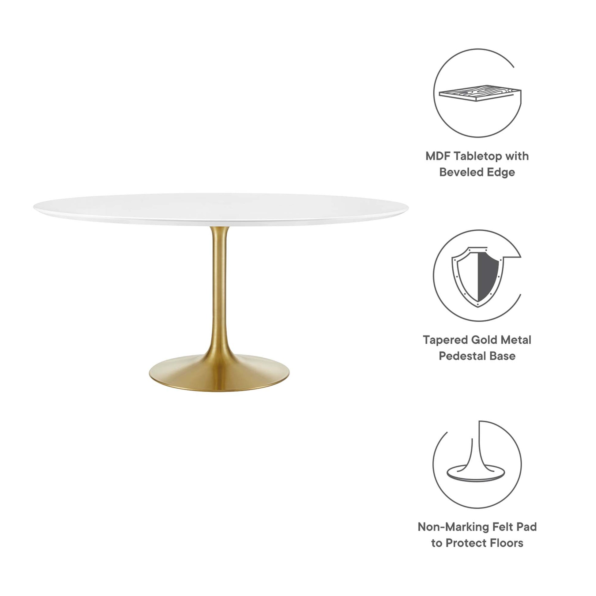 Round white wood dining table with a beveled-edge tabletop on a tapered gold pedestal base.