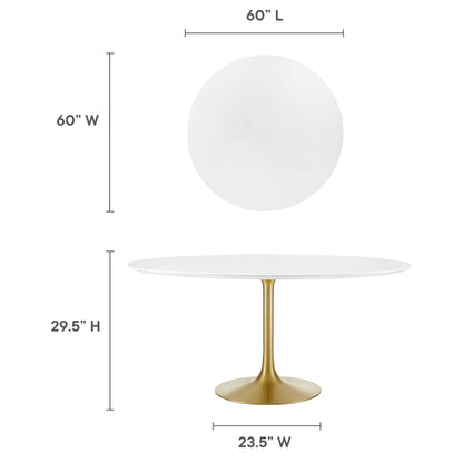 60-inch round white wood dining table; 29.5" tall, 23.5" base width.
