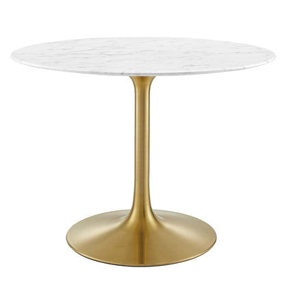 Round faux marble-top dining table with a gold-brass pedestal and round base.