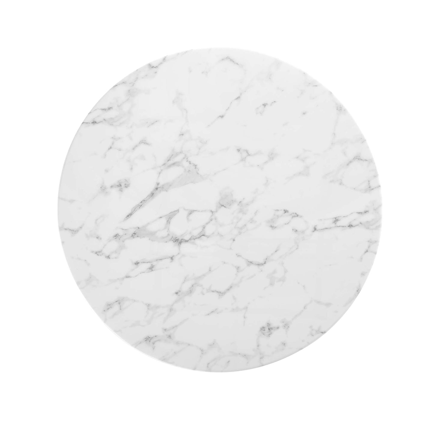 Round faux marble dining table top with gray veining.