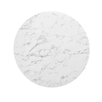 Round faux marble dining table top with gray veining.