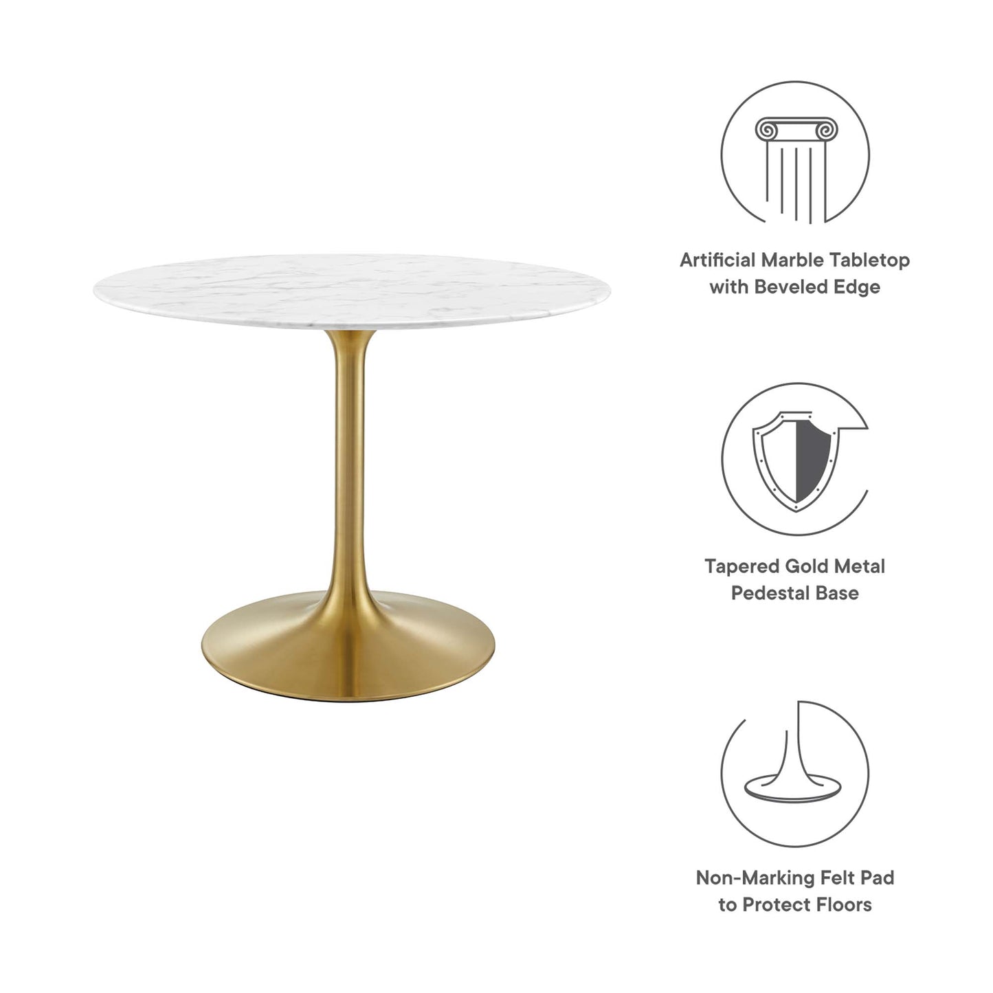 Round white artificial marble tabletop with beveled edge on a tapered gold metal pedestal base; non-marking felt pads.