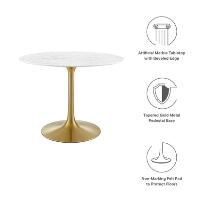 Round white artificial marble tabletop with beveled edge on a tapered gold metal pedestal base; non-marking felt pads.