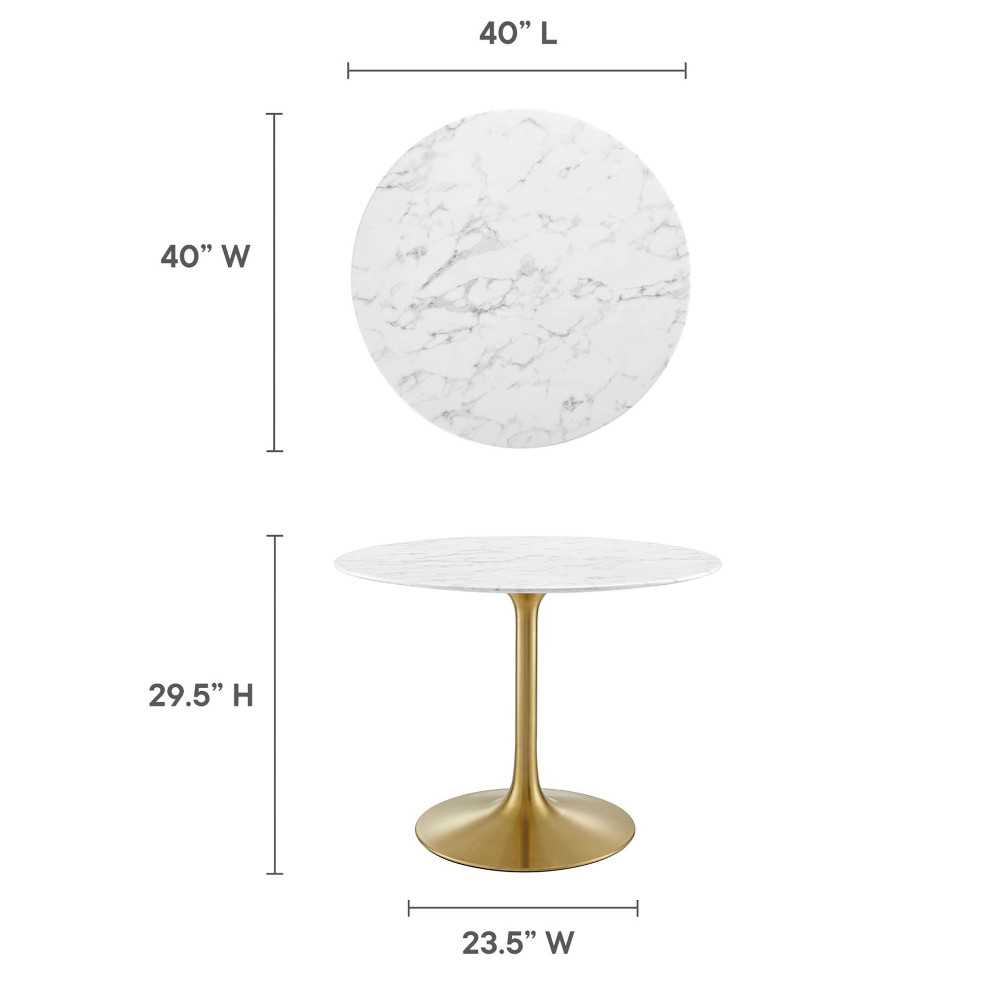Round faux marble dining table with a white top and gray veining on a gold pedestal base, modern glam style.