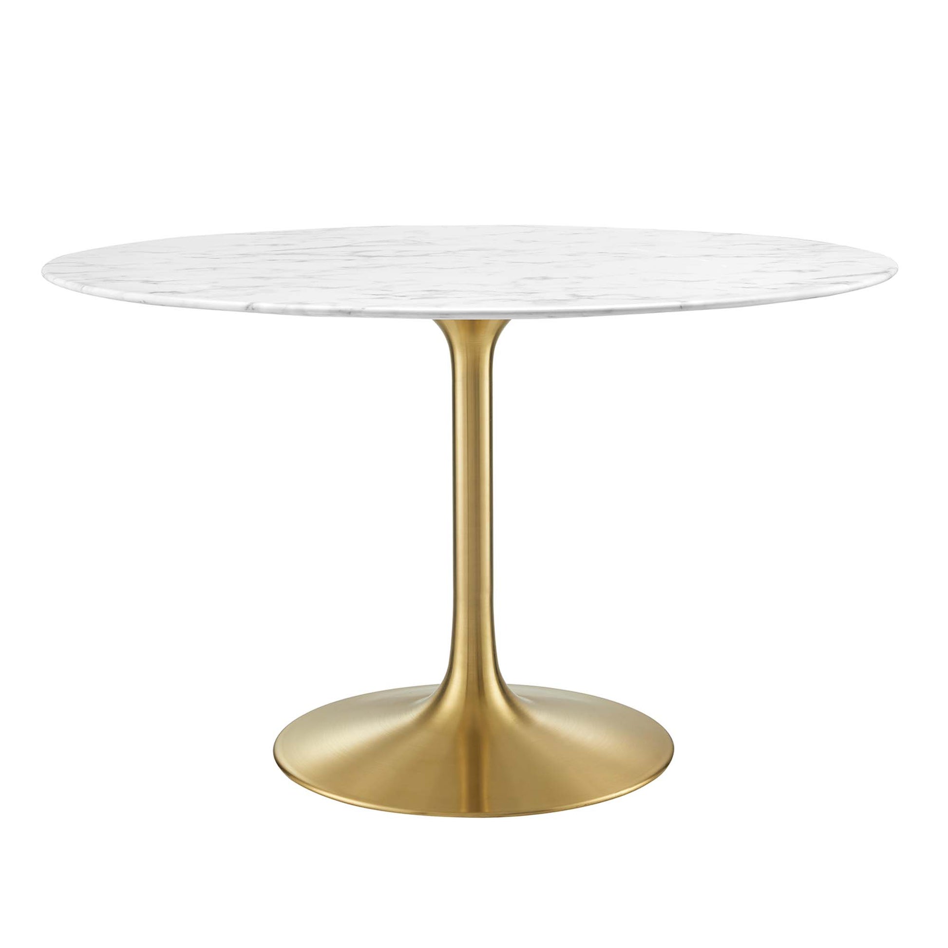 Round white faux marble-top dining table with a gold tulip pedestal base.