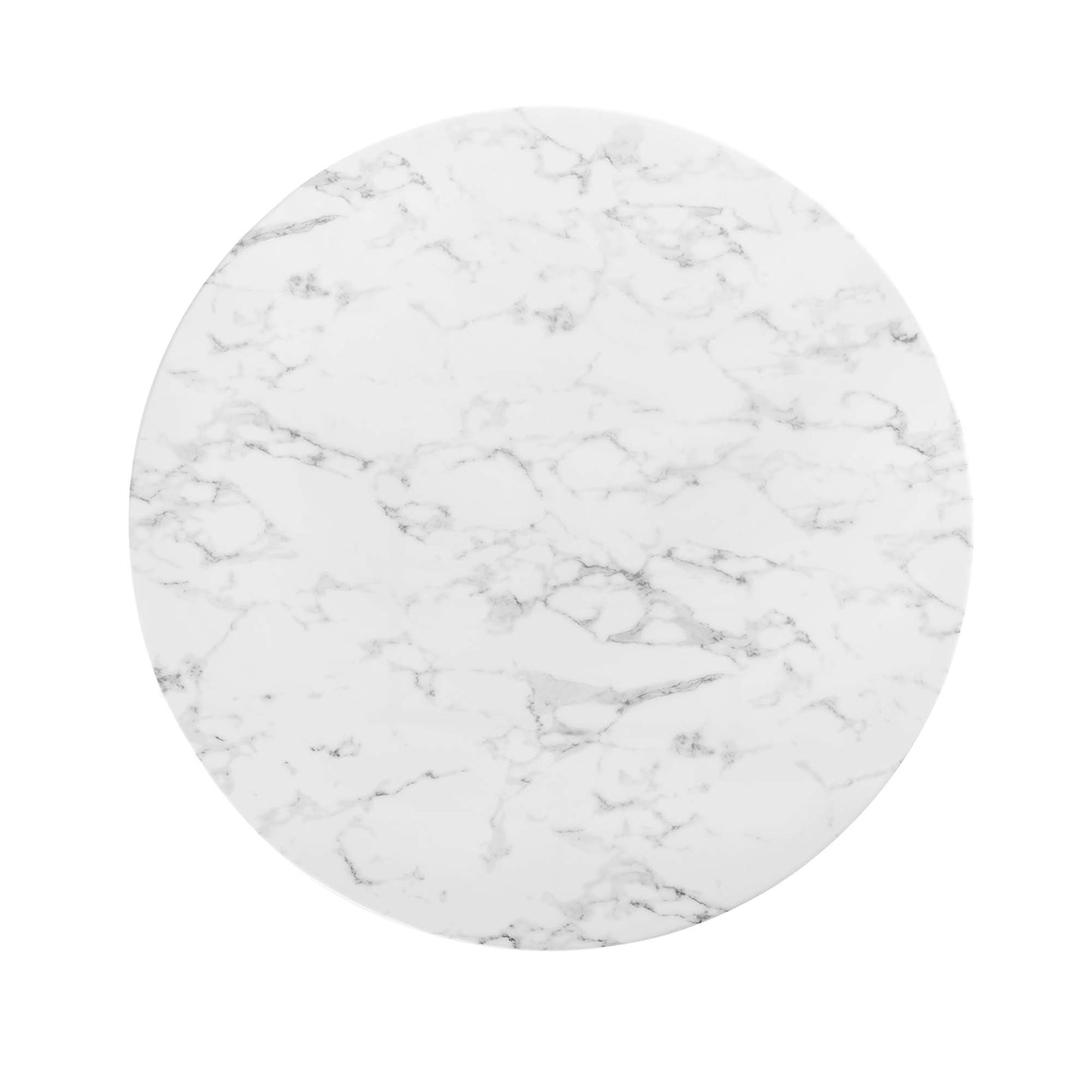Round faux marble dining table top with subtle gray veining; white finish, 48-inch diameter.