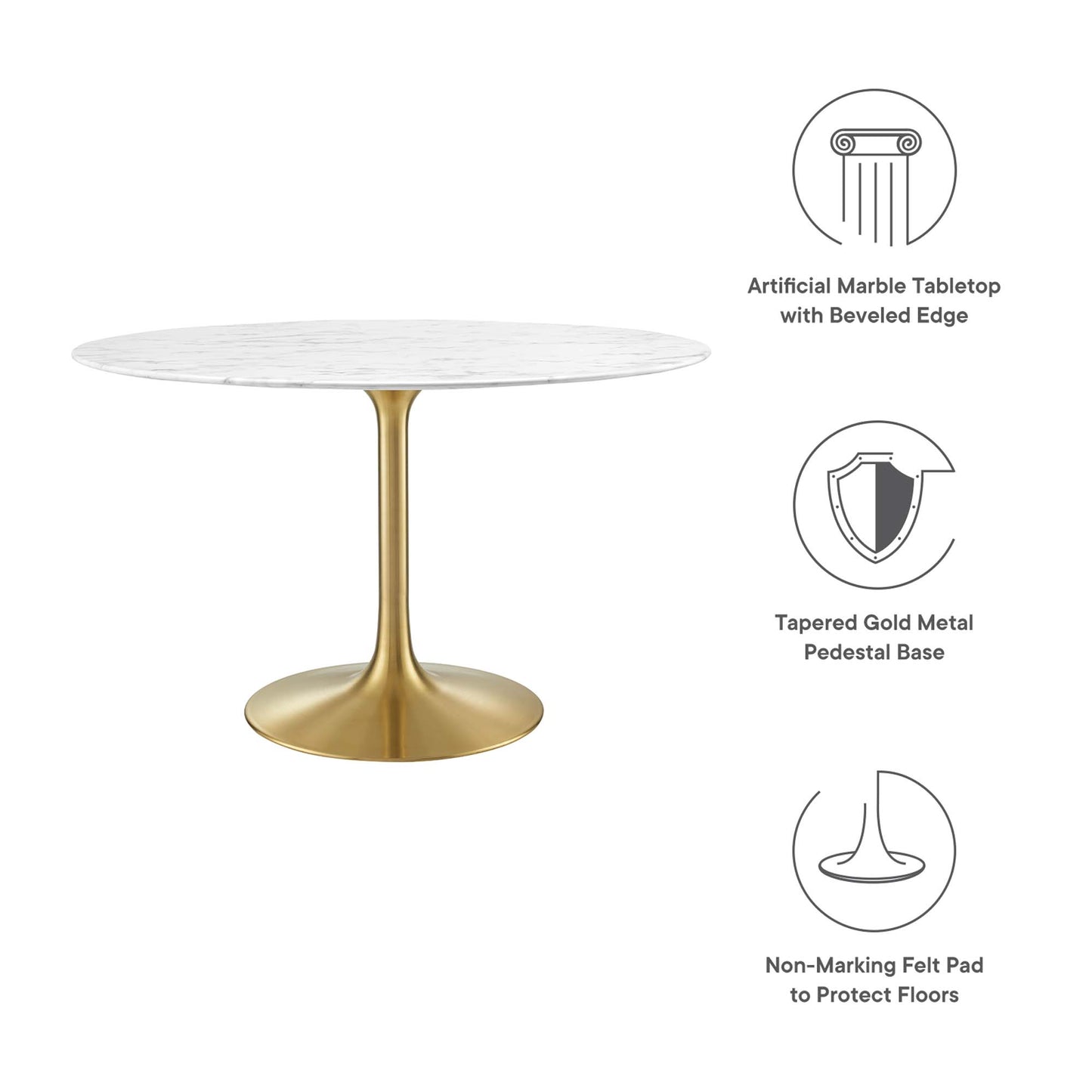 Round white artificial marble tabletop with beveled edge on a tapered gold metal pedestal base with non-marking felt pad.