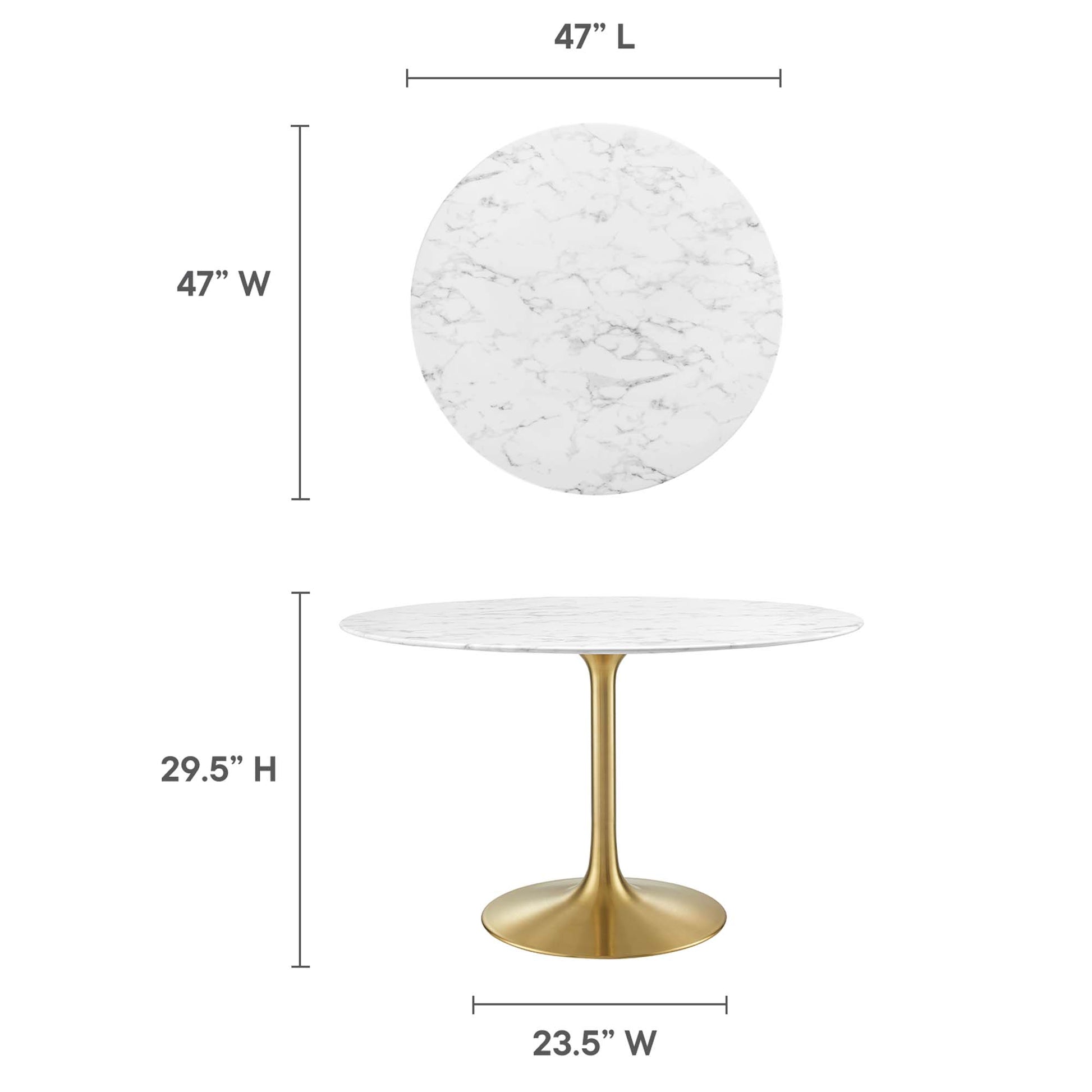 Round white faux marble top with gray veining, 48-inch diameter, on a gold pedestal base dining table.