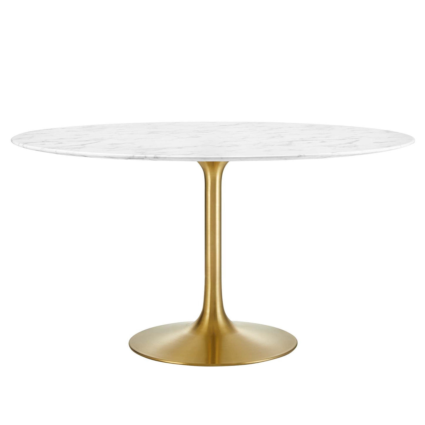 Round white faux-marble top dining table on a pedestal base.