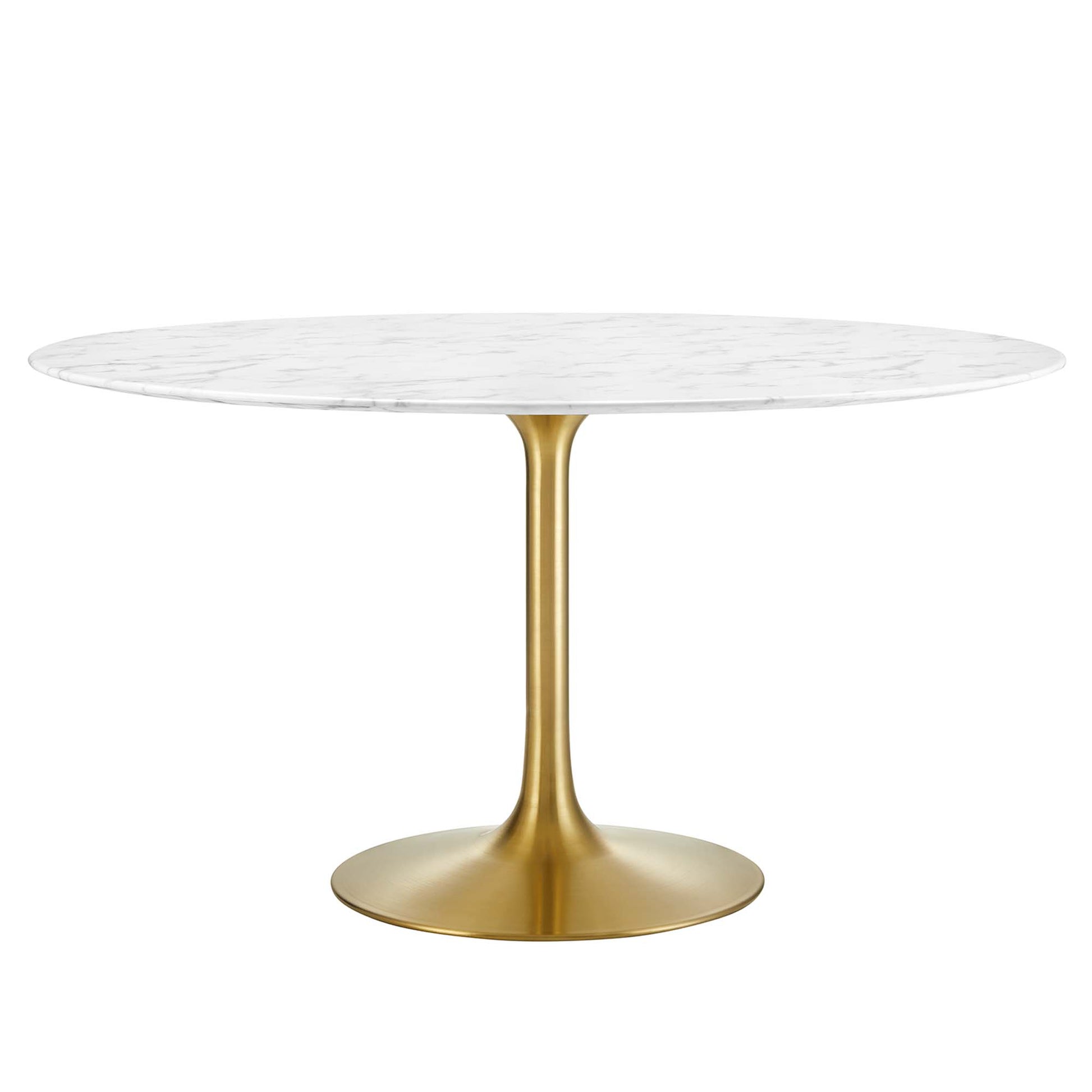 Round white faux-marble top dining table on a pedestal base.