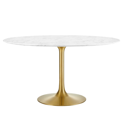 Round white faux-marble top dining table on a pedestal base.