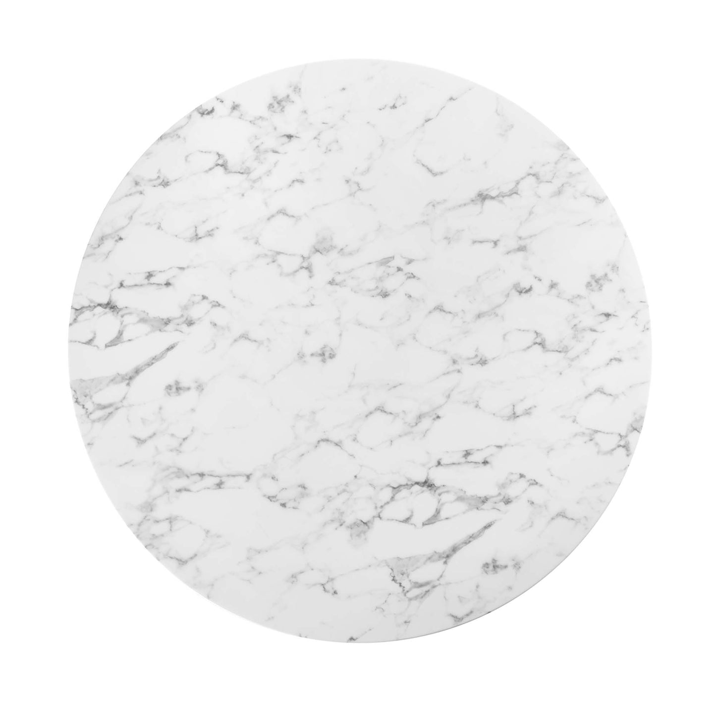 Round white faux-marble dining table top with gray veining.
