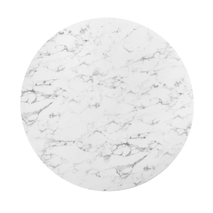 Round white faux-marble dining table top with gray veining.