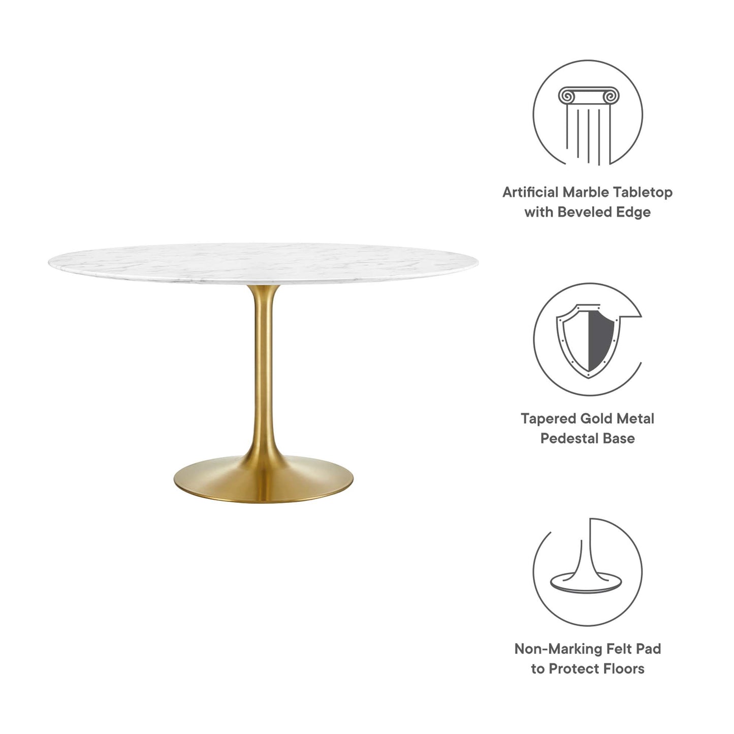 Round artificial marble tabletop with beveled edge on a gold tapered pedestal base; non-marking felt pads.