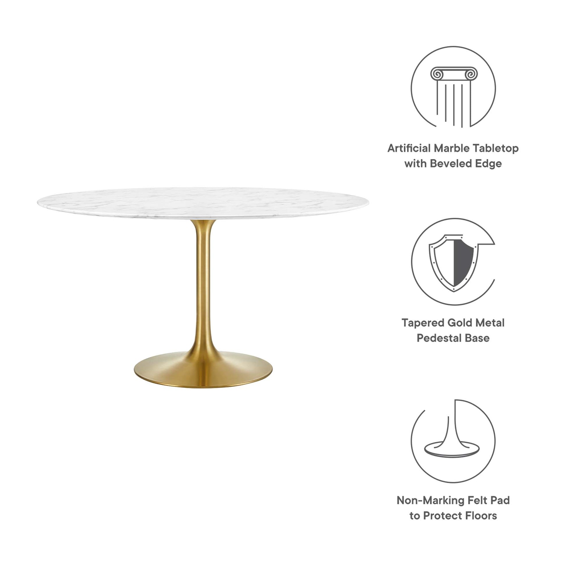 Round artificial marble tabletop with beveled edge on a gold tapered pedestal base; non-marking felt pads.