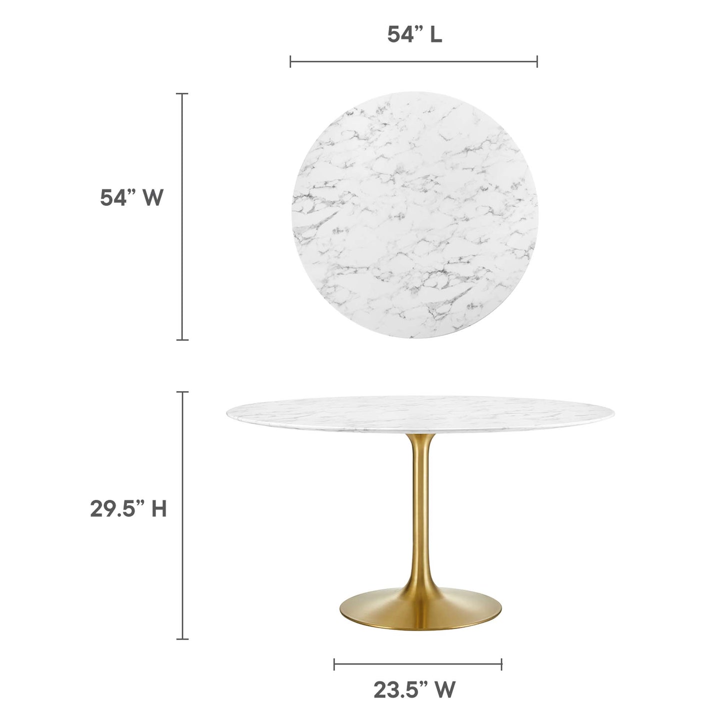 54-inch round faux marble top dining table on a gold/brass pedestal base