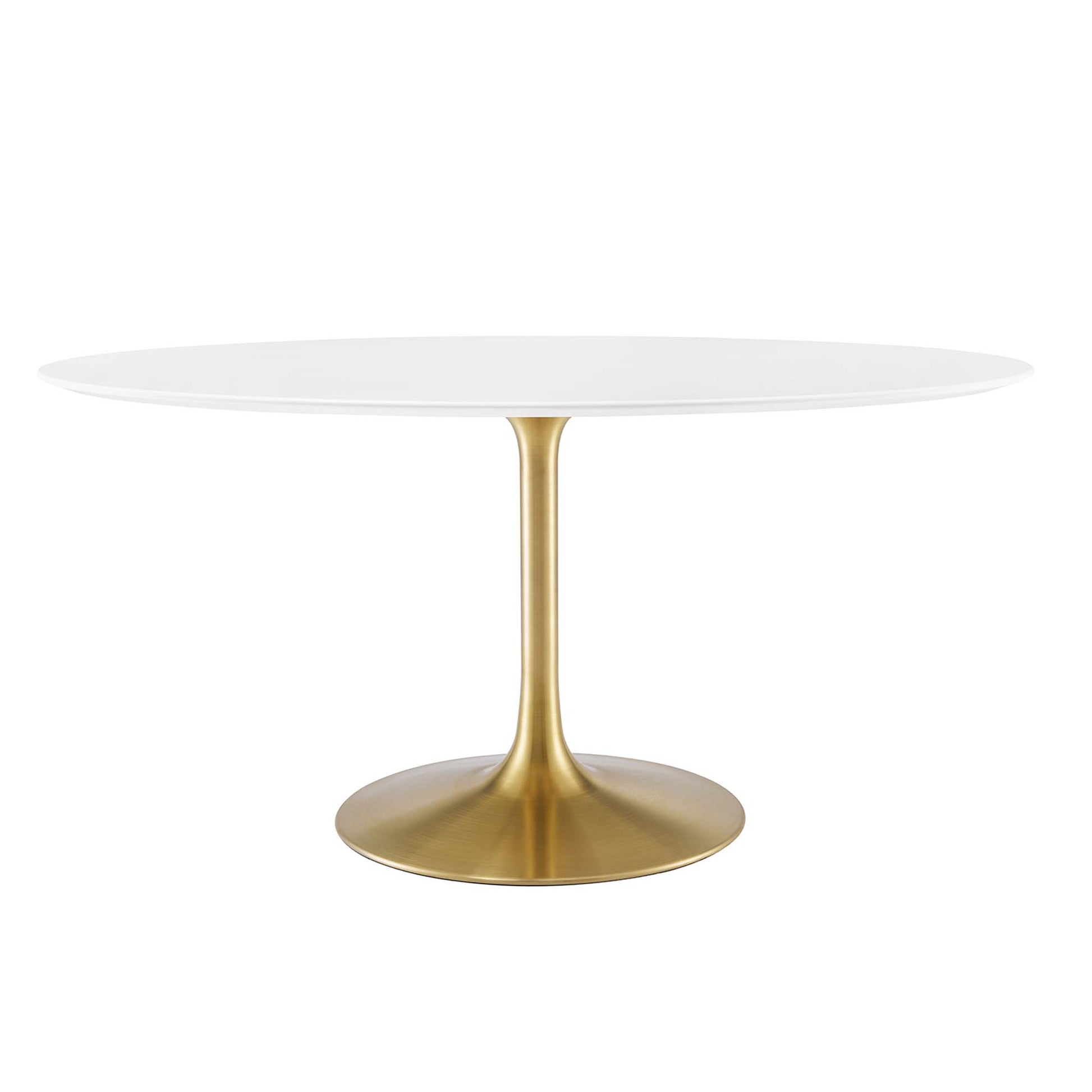 Oval white wood dining table on a gold-brass pedestal base.