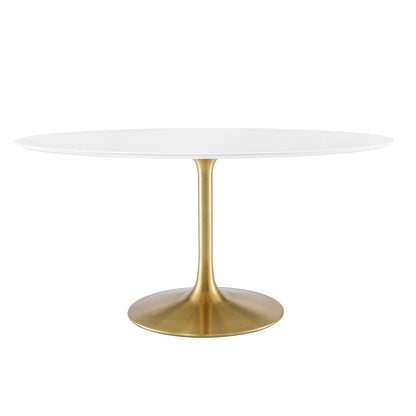 Oval white wood dining table on a gold-brass pedestal base.