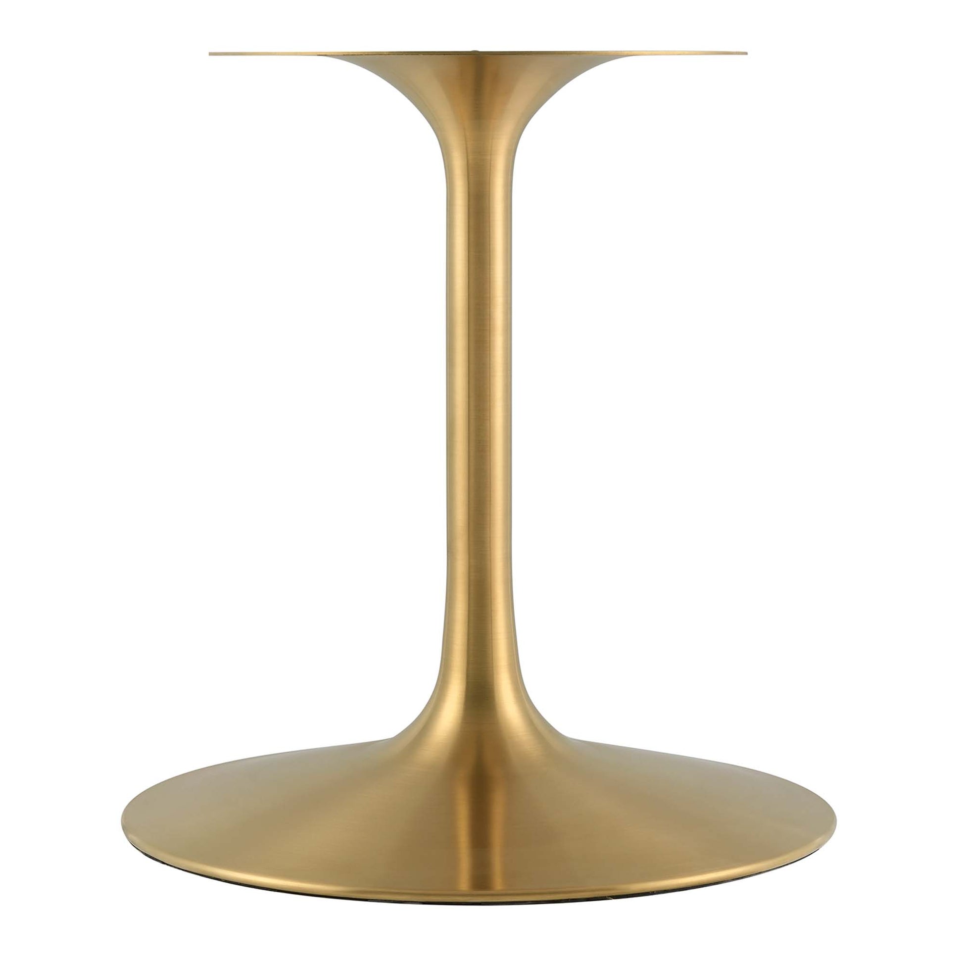 Gold finish tulip pedestal table base with slender stem and wide round base.