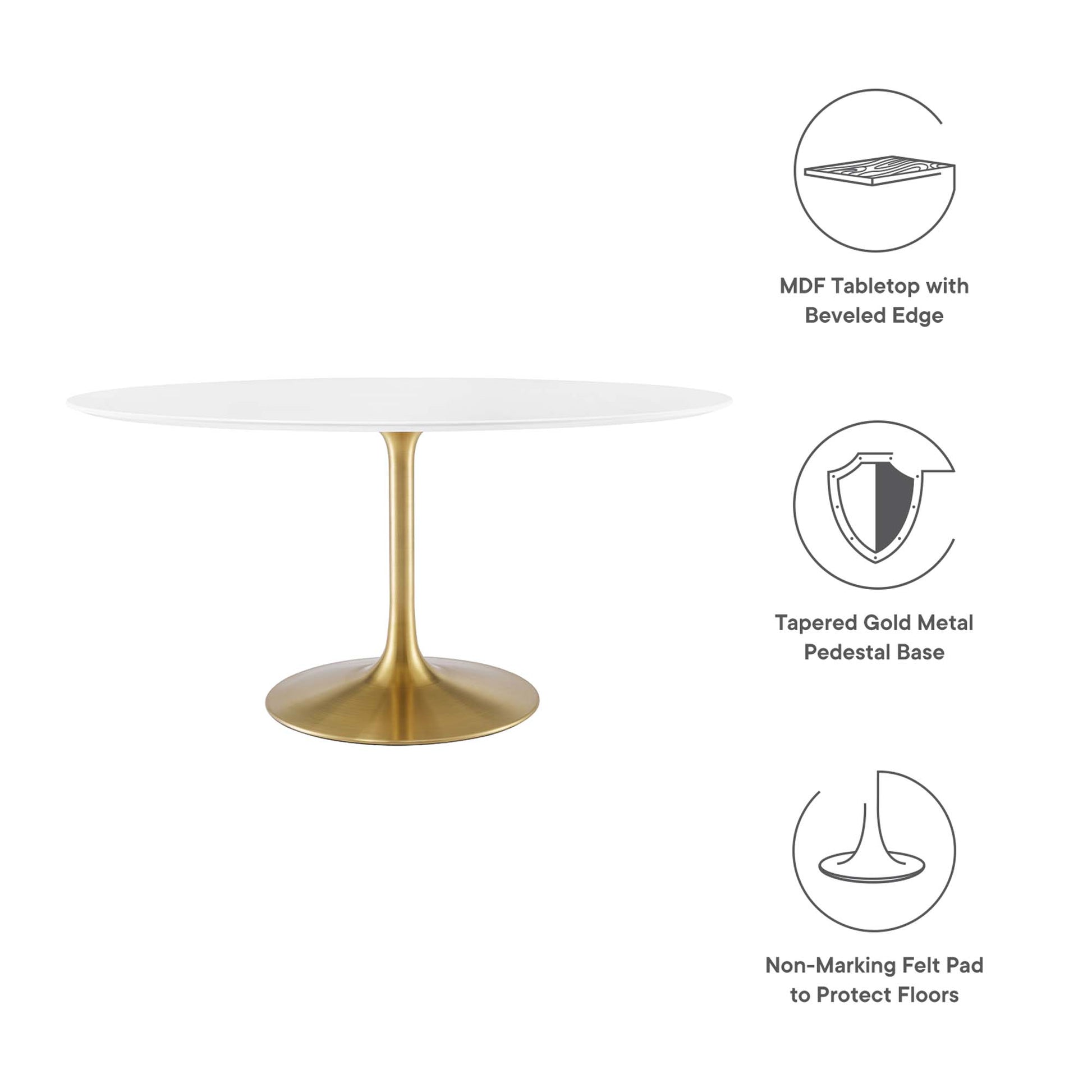 Oval white wood dining table top with beveled edge atop a tapered gold metal pedestal base, with non-marking felt pads.
