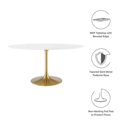Oval white wood dining table top with beveled edge atop a tapered gold metal pedestal base, with non-marking felt pads.