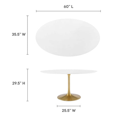 Gold metal pedestal cake stand with a large white oval top for dessert display.