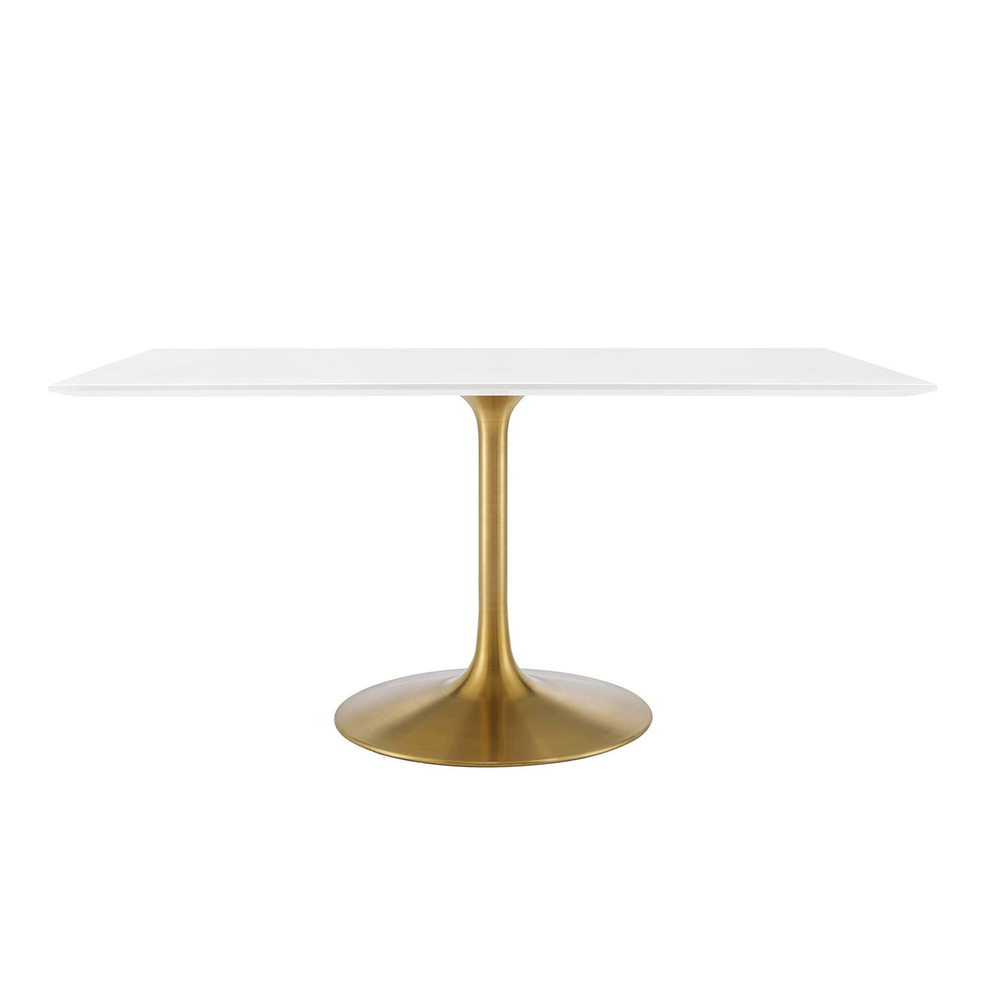 White rectangular dining table on a gold pedestal base with a circular foot.