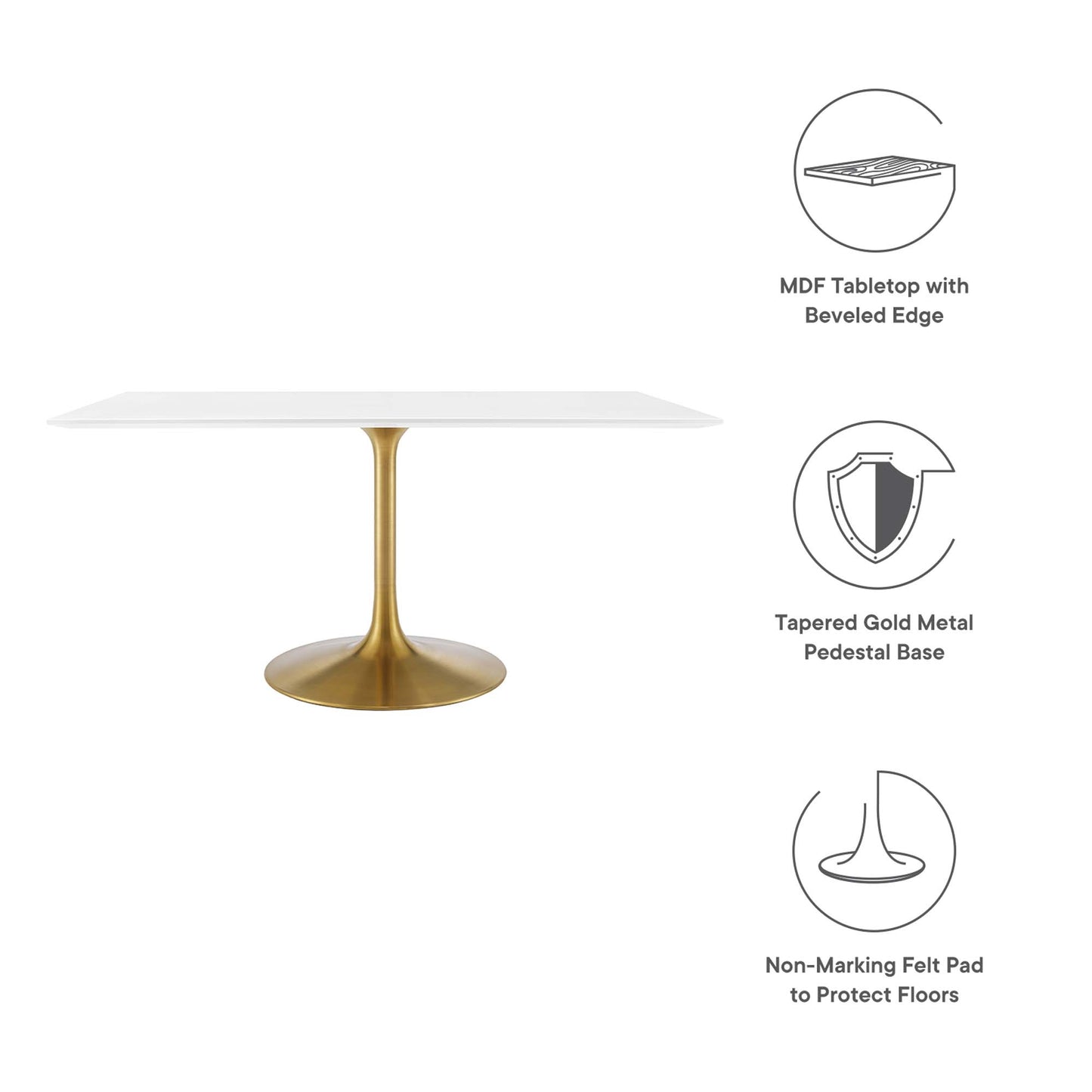 Rectangular white wood dining table with a beveled edge and a tapered gold pedestal base with felt pads.